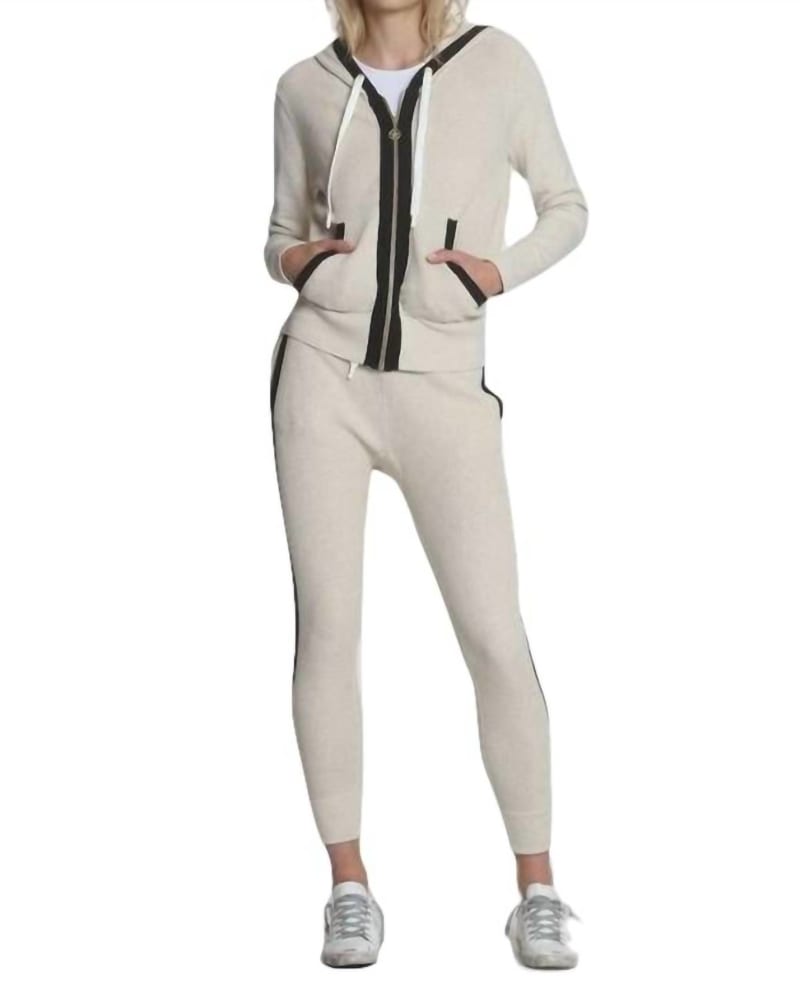 Front of a model wearing a size L Slim Waffle Jogger in Oatmeal in Oatmeal by LABEL+thread. | dia_product_style_image_id:339835